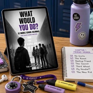 May include: A tablet displaying the book cover What Would You Do? 52 Middle School Dilemmas, a spiral notebook with a list titled Chapter 1 Friend Drama, a purple water bottle with stickers, a composition book with a sticky note, and school supplies.