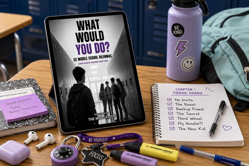 May include: A tablet displaying the book cover What Would You Do? 52 Middle School Dilemmas, a spiral notebook with a list titled Chapter 1 Friend Drama, a purple water bottle with stickers, a composition book with a sticky note, and school supplies.