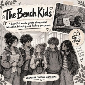 Op de afbeelding: Een digitale eBook-cover getiteld The Bench Kids met vijf kinderen in een schoolgang. De illustratie toont een groep vrienden met rugzakken en een schetsboek. De tekst bevat A heartfelt middle grade story about friendship, belonging, and finding your people en Friendship changes everything.