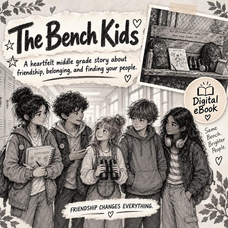 Op de afbeelding: Een digitale eBook-cover getiteld The Bench Kids met vijf kinderen in een schoolgang. De illustratie toont een groep vrienden met rugzakken en een schetsboek. De tekst bevat A heartfelt middle grade story about friendship, belonging, and finding your people en Friendship changes everything.