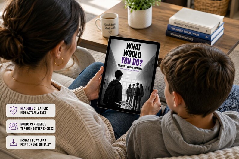 May include: A digital tablet displaying a book cover titled WHAT WOULD YOU DO? 52 MIDDLE SCHOOL DILEMMAS. The cover features a black and white image of students in a school hallway. Three rectangular info boxes list features: REAL-LIFE SITUATIONS, BUILDS CONFIDENCE, and INSTANT DOWNLOAD.