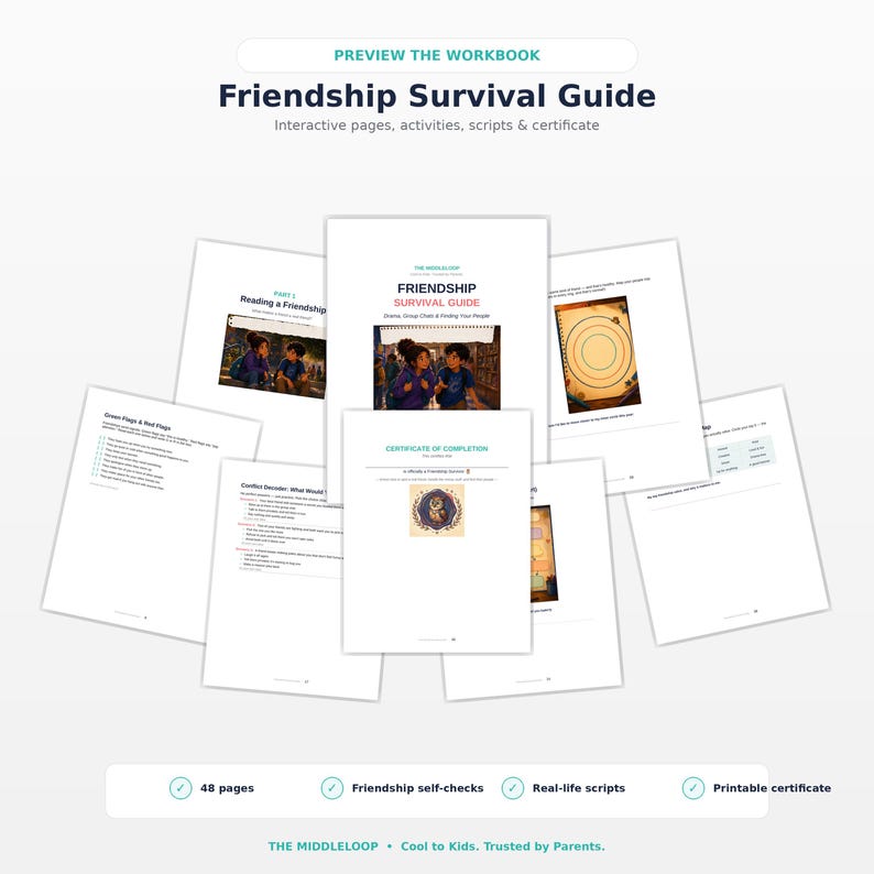 Peut inclure: Un cahier d'exercices Friendship Survival Guide comprenant des pages interactives, des activit&eacute;s, des scripts et un certificat. La mise en page pr&eacute;sente plusieurs pages blanches avec du texte, des illustrations d'enfants et un certificat.
