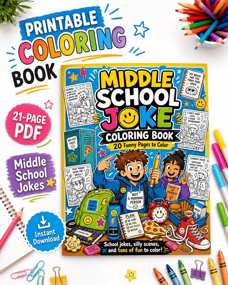 Middle School Joke Coloring Book, Funny Coloring Pages for Tweens, Classroom Activity, Instant Download image 1