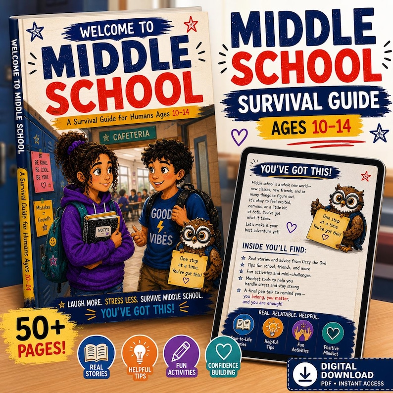 May include: A book titled Welcome to Middle School: A Survival Guide for Humans Ages 10-14, featuring an illustration of two students and an owl. Beside it, a digital tablet displays the Middle School Survival Guide with text and an owl graphic.