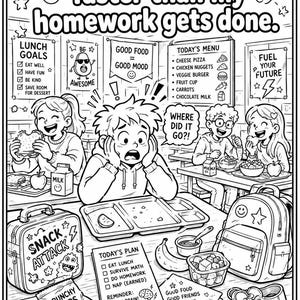 May include: A black and white coloring page featuring a school cafeteria scene with the text My lunch disappears faster than my homework gets done. The illustration shows students eating, a lunch tray, a backpack, snacks, and various motivational signs.
