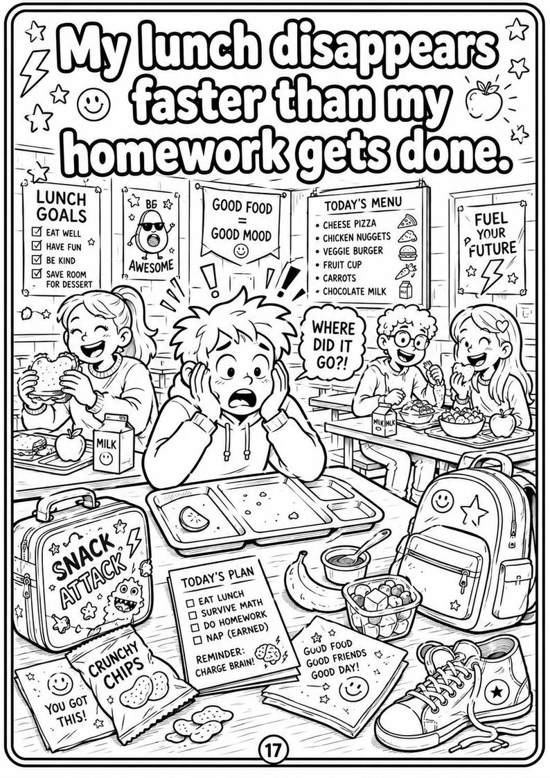 May include: A black and white coloring page featuring a school cafeteria scene with the text My lunch disappears faster than my homework gets done. The illustration shows students eating, a lunch tray, a backpack, snacks, and various motivational signs.