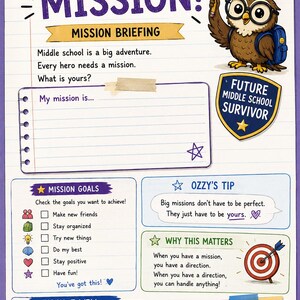 May include: A workbook page titled My Middle School MISSION! featuring a cartoon owl with glasses and a backpack. The page includes sections for a mission briefing, mission goals, and daily tasks, decorated with stars, a target, and text.