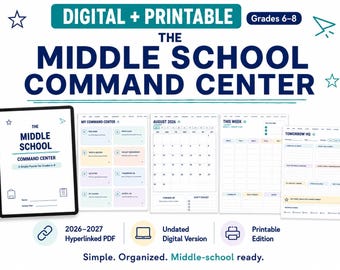 Middle School Digital Planner 2026–2027: Hyperlinked PDF + Printable Organizer for Grades 6–8