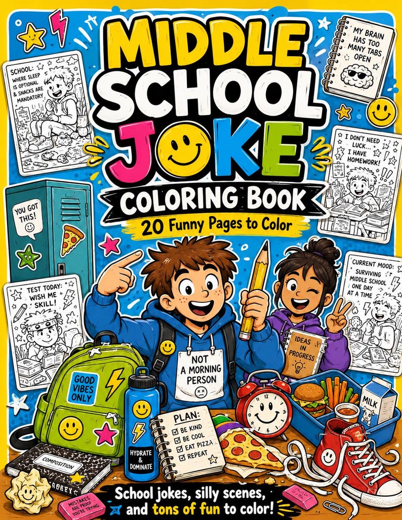 May include: A Middle School Joke Coloring Book with a bright yellow background featuring cartoon characters, a green backpack, a blue water bottle, a red alarm clock, a slice of pizza, a red sneaker, and text including 20 Funny Pages to Color.
