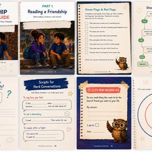 Peut inclure: Un cahier d'exercices interactif intitul&eacute; Friendship Survival Guide pr&eacute;sentant huit pages avec des illustrations de deux enfants, un hibou nomm&eacute; Ozzy, des listes, des organigrammes et des exercices sur les dynamiques sociales.