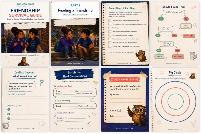 Peut inclure: Un cahier d'exercices interactif intitul&eacute; Friendship Survival Guide pr&eacute;sentant huit pages avec des illustrations de deux enfants, un hibou nomm&eacute; Ozzy, des listes, des organigrammes et des exercices sur les dynamiques sociales.