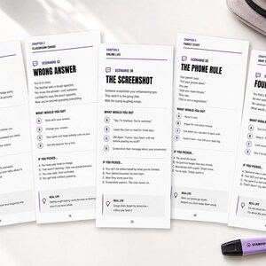 May include: Five white rectangular cards featuring black text and blue accents, each titled with a chapter and scenario. The cards display social dilemmas like No Invite, Wrong Answer, The Screenshot, The Phone Rule, and Found Money with multiple-choice options.