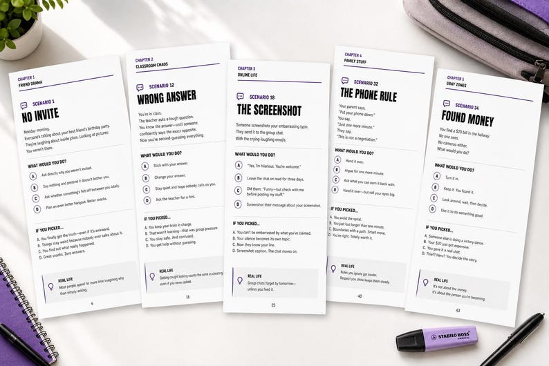 May include: Five white rectangular cards featuring black text and blue accents, each titled with a chapter and scenario. The cards display social dilemmas like No Invite, Wrong Answer, The Screenshot, The Phone Rule, and Found Money with multiple-choice options.