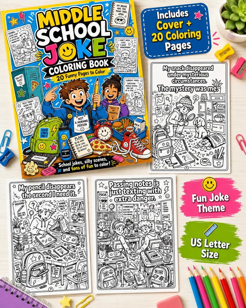 Middle School Joke Coloring Book, Funny Coloring Pages for Tweens, Classroom Activity, Instant Download image 6