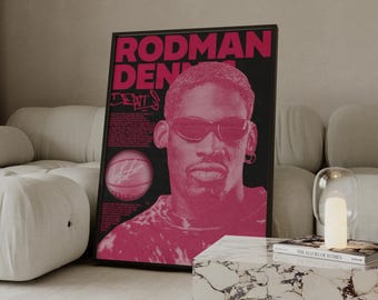 Dennis Rodman Vintage 90s Poster – Pink Halftone Basketball Art (Digital Download)