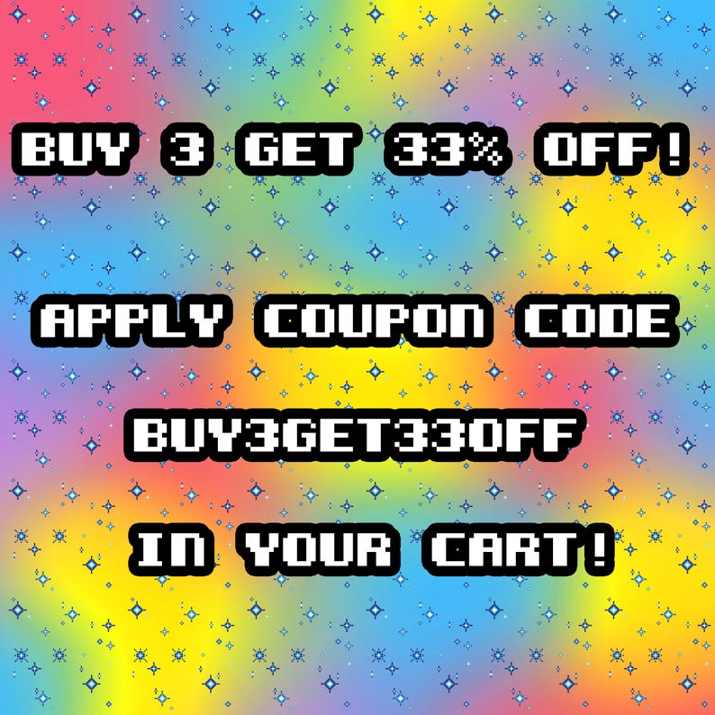 Colorful image of a coupon code that can be used at checkout for a discount.  Buy 3 get 33% off, the code is BUY3GET33OFF
