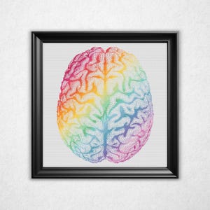 Chromatic Brain Cross Stitch Pattern PDF - Rainbow Gradient Bitmap Style Counted Crossstitch