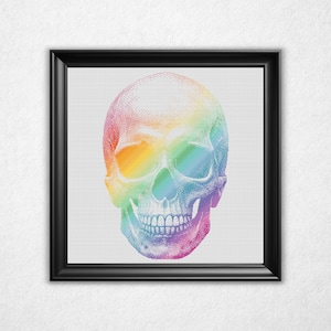 Chromatic Skull Cross Stitch Pattern PDF - Rainbow Gradient Bitmap Style Counted Crossstitch