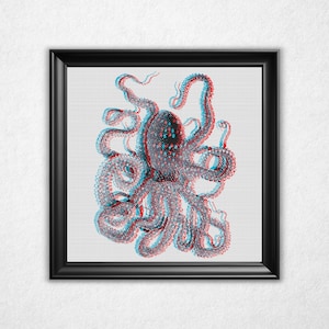 3D Giant Octopus Cross Stitch Pattern PDF - Anaglyph 3-D Bitmap Style Counted Crossstitch