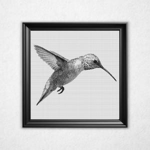 Monochromer Kolibri Kreuzstich Muster - Schwarz & Weiß Bit Map Design (Instant Download PDF)