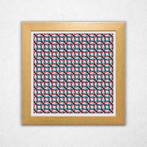 May include: A framed artwork featuring a geometric pattern of interlocking circles in red, blue, and black on a white background. The artwork is encased in a light brown wooden frame, suitable for wall decor.