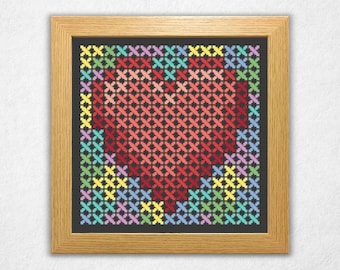 Pastel Heart - Cross Stitch Pattern PDF, Colorful Geometric Style Counted Crossstitch