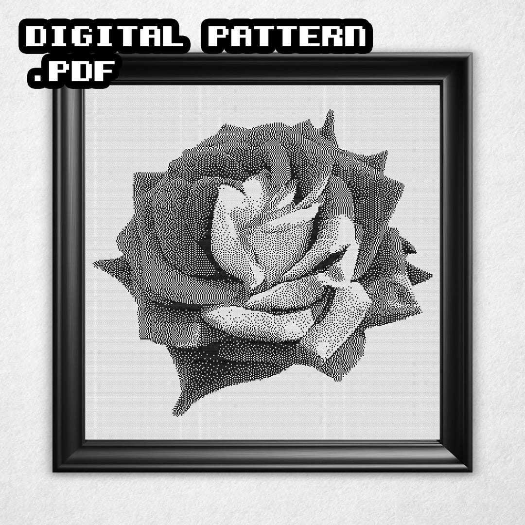 Monochrome Rose Cross Stitch Pattern, Instant Download PDF Black