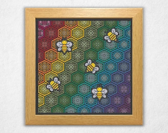 Rainbow Honeycomb - Cross Stitch Pattern PDF, Blackwork / Backstitch Style Counted Crossstitch Design
