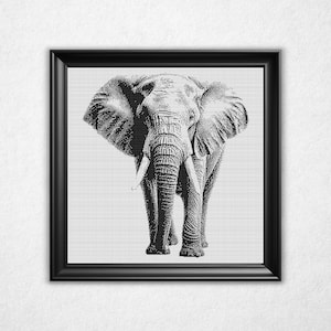 Monochromes Elefant Kreuzstich Muster - Schwarz & Weiß Bitkarte Design (Instant Download PDF)