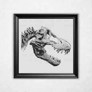 Monochromes T-Rex Schädel Kreuzstichmuster - schwarz & weiß Bitkarte Design (Instant Download PDF)