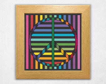 Peace Sign Lines - Cross Stitch Pattern PDF, Small Geometric Style Abstract Rainbow Counted Crossstitch
