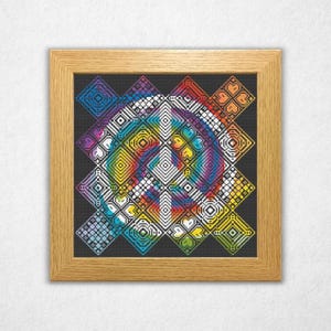 Tie-dye vredestekentegels - kruissteekpatroon pdf, getelde kruissteek in Diamond Quaker-stijl