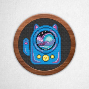 Lámpara de pantalla Pixel con forma de gato de la suerte - Cielo nocturno - Patrón de punto de cruz en PDF, punto de cruz pequeño contado