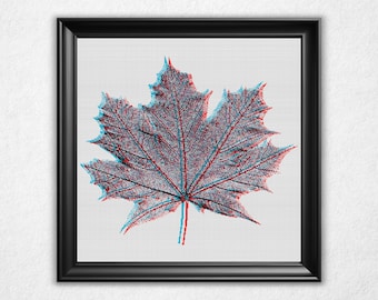 3D Maple Leaf Cross Stitch Pattern PDF - Anaglyph 3-D Bitmap Style Counted Crossstitch