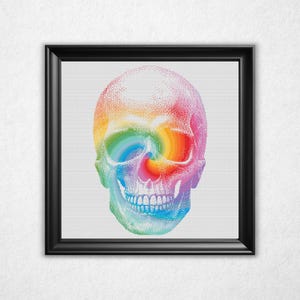 Tie-Dye Skull Cross Stitch Pattern PDF - Psychedelic Rainbow Bitmap Style Counted Crossstitch