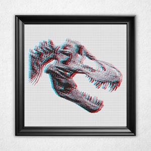 Digital rendering of a cross stitch on white aida cloth in a black frame of a bitmap style Tyrannosaurus rex, or t-rex, dinosaur skull in an anaglyph 3d style with cyan on the left and red on the right and offset vertically by a few stitches.