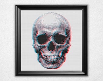 3D Skull Cross Stitch Pattern PDF - Anaglyph 3-D Bitmap Style Counted Crossstitch