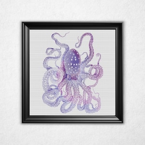 Chromatic Giant Octopus Cross Stitch Pattern - Purple Gradient Bitmap Sealife (Instant Download PDF)