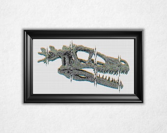 Glitched Raptor Skull Cross Stitch Pattern PDF - Bitmap Style Retro Counted Crossstitch