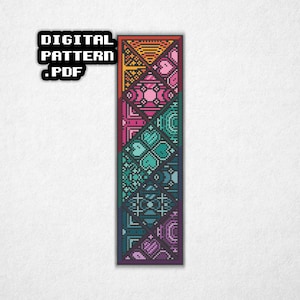 May include: A colorful pixel art bookmark with geometric and heart patterns in shades of orange, pink, teal, and purple. The text "DIGITAL PATTERN .PDF" is in a black box at the top. The bookmark is a digital download.
