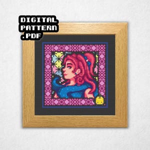 Retrato de Sandy - Patrón de punto de cruz de Stardew Valley (PDF), estilo vitral, punto de cruz de videojuego
