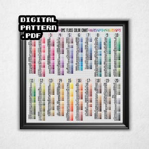 May include: A framed DMC floss color chart with a black frame. The chart displays a grid of color swatches with corresponding numbers. The text "DIGITAL PATTERN .PDF" is in the upper left corner.