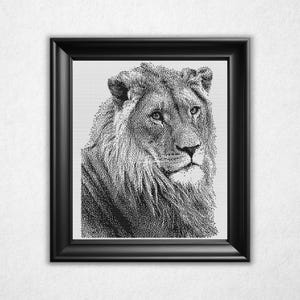 Monochromes Löwe Kreuzstich Muster - Schwarz & Weiß Bitkarte Design (Instant Download PDF)