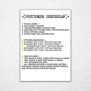 Description of the pattern in picture format.  Can also be found as text in Etsy description tab.