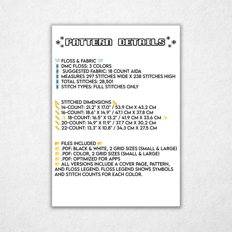 Description of the pattern in picture format.  Can also be found as text in Etsy description tab.