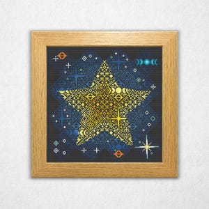 Azulejos de estrellas y espacio - Patrón de punto de cruz en PDF, estilo diamante cuáquero.