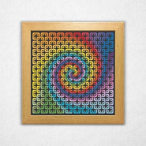Cuadrados con efecto tie-dye en capas - Patrón de punto de cruz en PDF, estilo psicodélico.