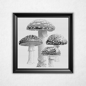 Monochrome Pilze Kreuzstich Muster - schwarz & weiß Bit Map Cottagecore Design (Instant Download PDF)