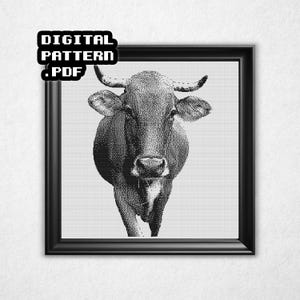 May include: Black and white digital art print of a cow, framed in a black square frame. The cow is facing forward, with horns and a detailed dotted pattern. The text "DIGITAL PATTERN .PDF" is in the upper left corner.