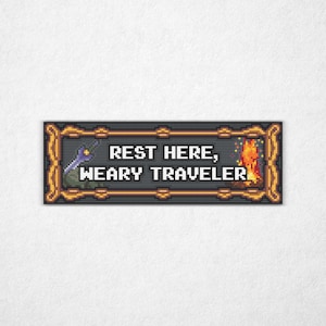 Descansa aquí, viajero cansado - Patrón de punto de cruz PDF, punto de cruz contado inspirado en videojuegos